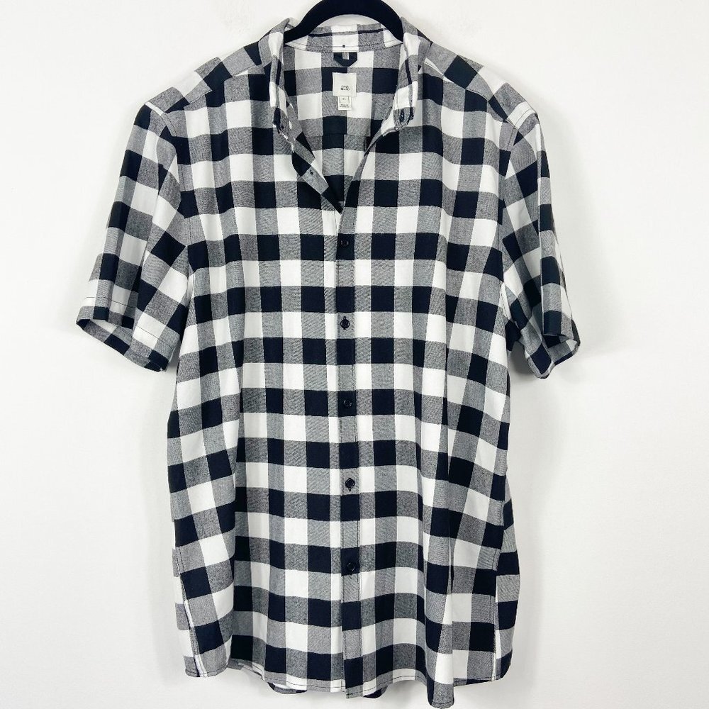 River Island Sz XL Men's Black White Plaid‎ Short Sleeve Button Down Shirt